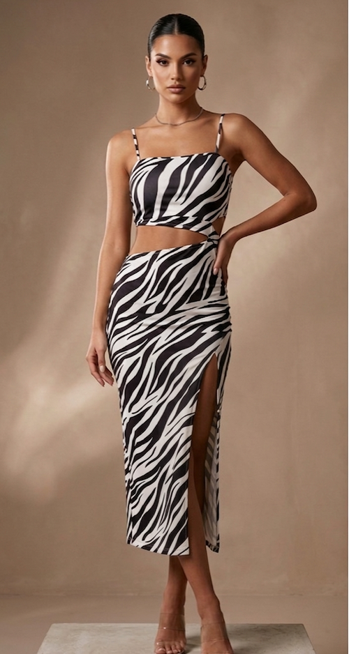 Abito in Maglina a Costine Elasticizzata con Dettagli Cut-Out e Spacco