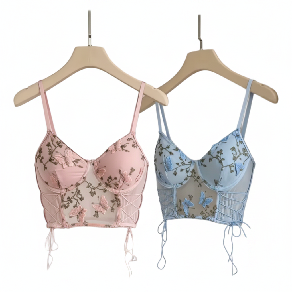 Corsetto Top con Ricami Floreali e Dettagli a Lacci