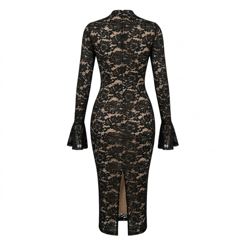 Abito Midi "Lace Elegance" in Pizzo con Maniche a Campana