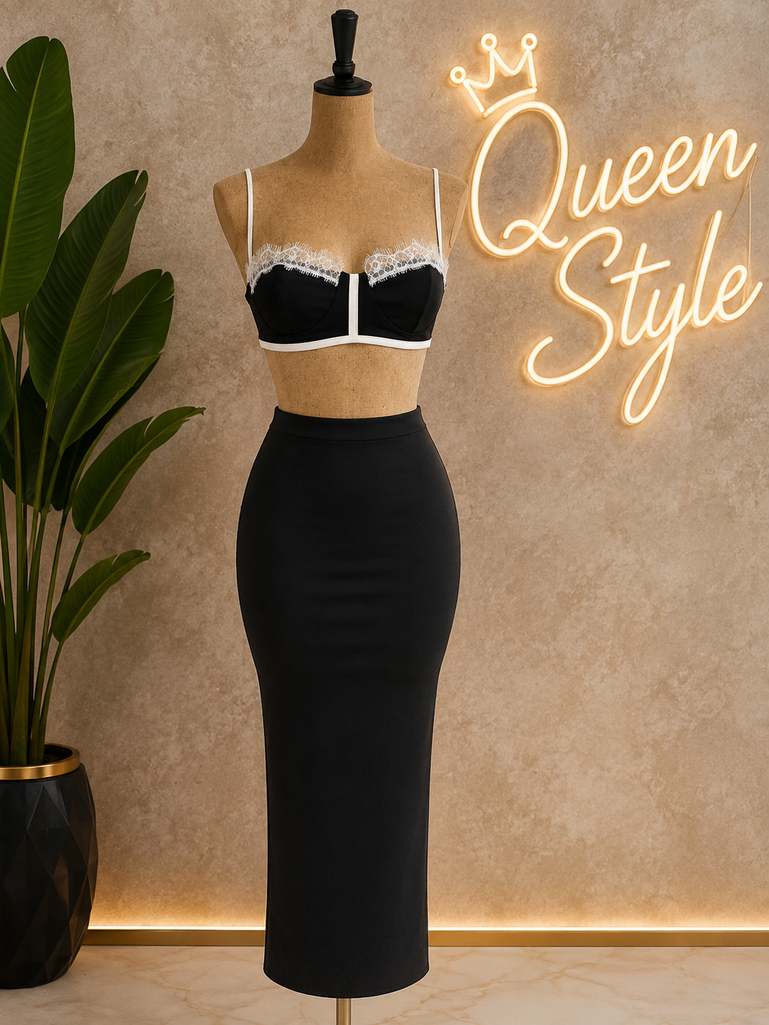 Completo Elegance Lace – Top & Gonna Longuette Neri