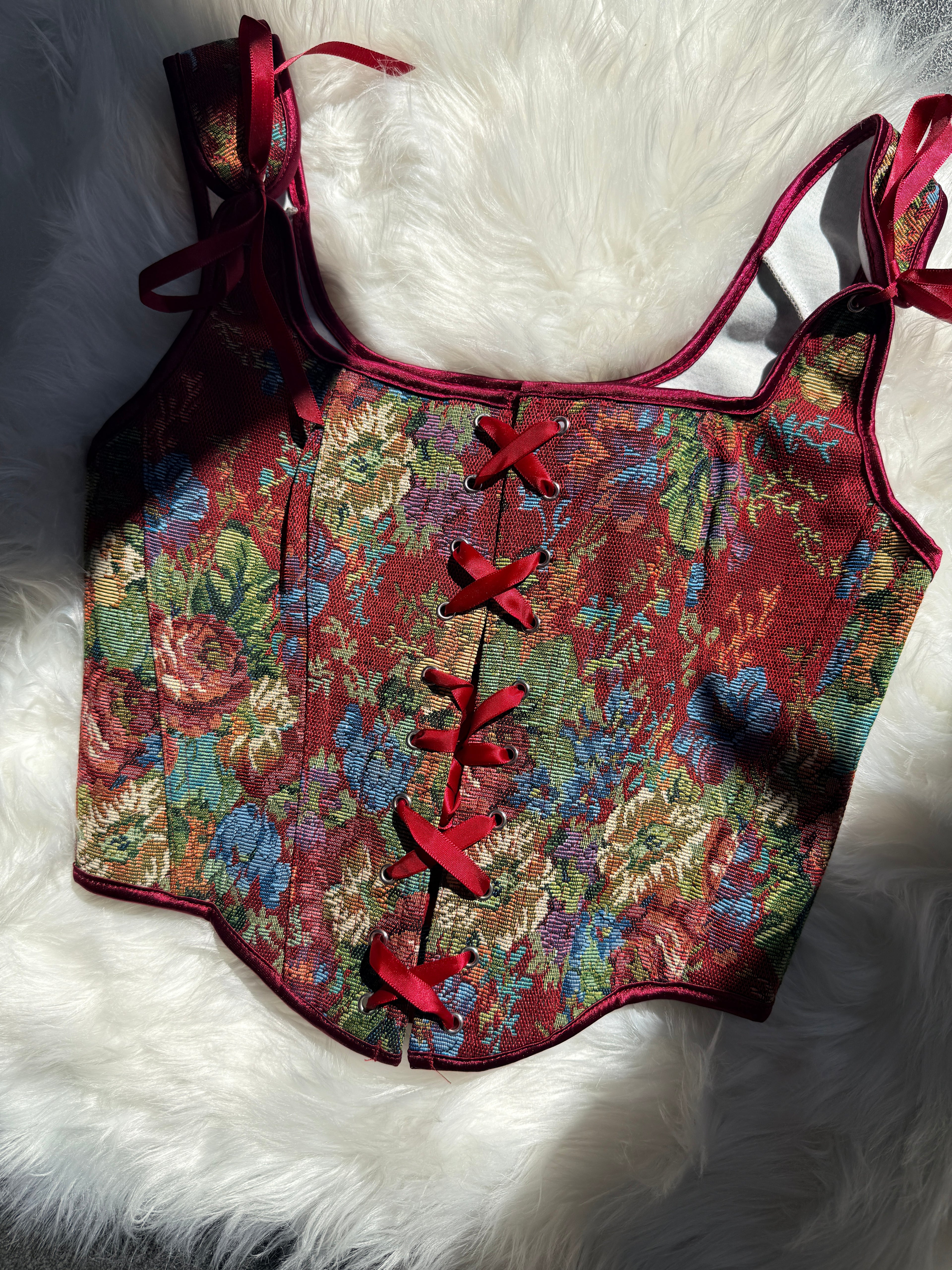 Top Corsetto Floreale Jacquard con Allacciatura in Raso