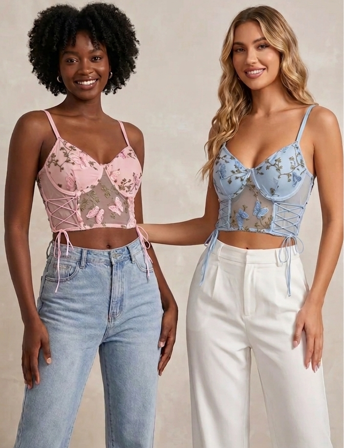 Corsetto Top con Ricami Floreali e Dettagli a Lacci