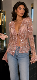 Camicia in Mesh con Paillettes e Laccetti – Rosa Cipria