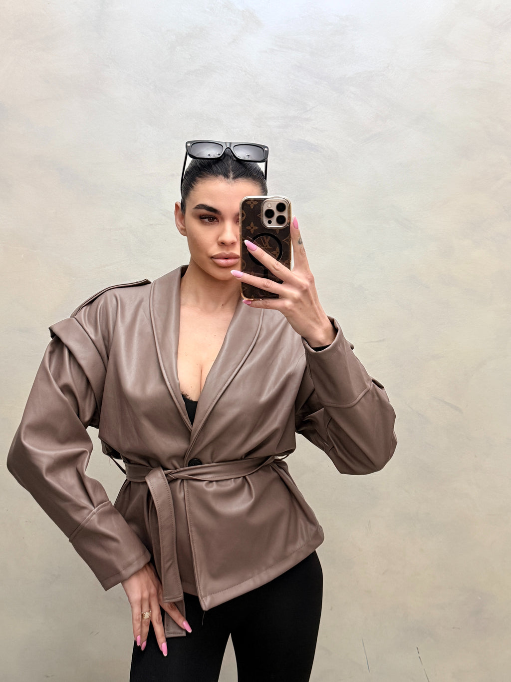 Giacca Kimono in Similpelle con Cintura – Tortora