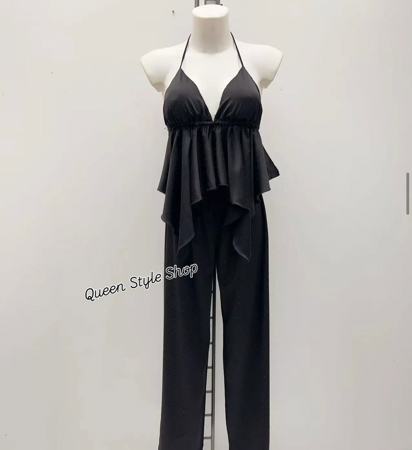 Completo Two-Piece "Midnight Shimmer" – Top Peplum e Pantalone Wide Leg