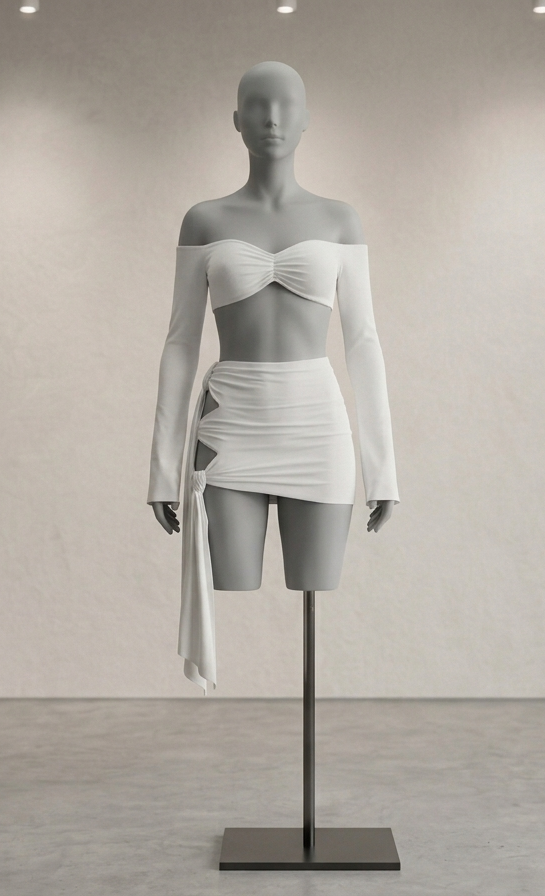 Completo "Ibiza " White: Top Bardot & Mini Skirt Drapery