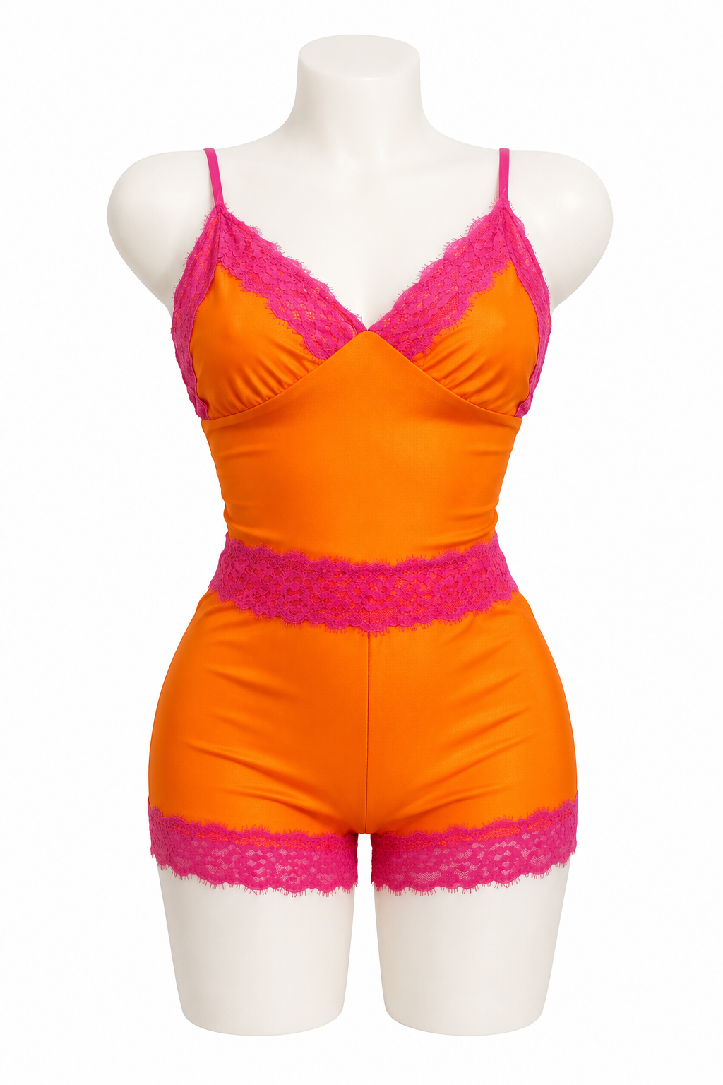 Completo Satinato Top + Pantaloncino Arancio con Pizzo Fucsia