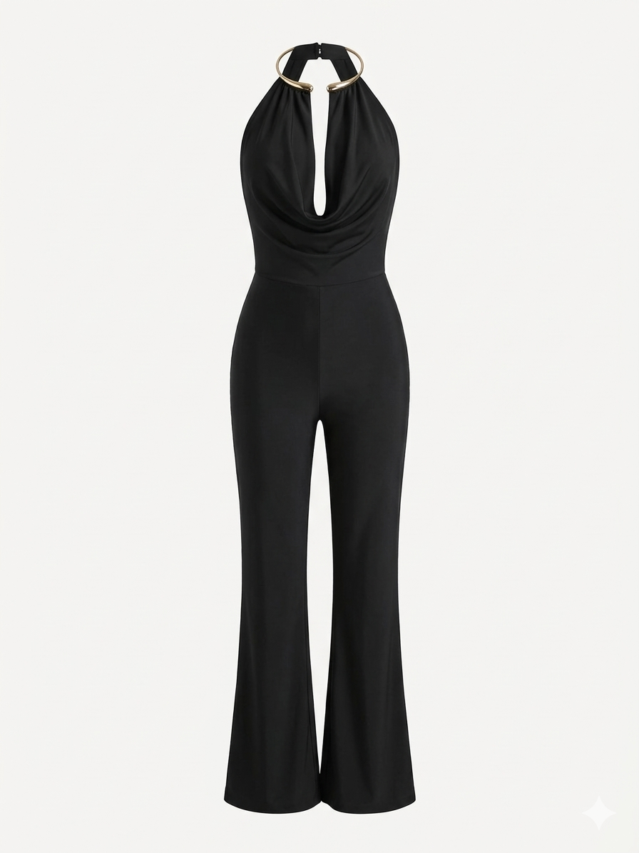 Jumpsuit Elegante Navy – Scollo a Cappuccio con Dettaglio Gold