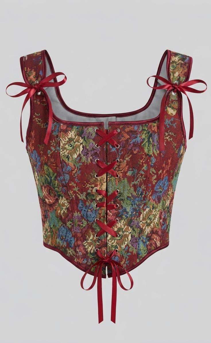 Top Corsetto Floreale Jacquard con Allacciatura in Raso