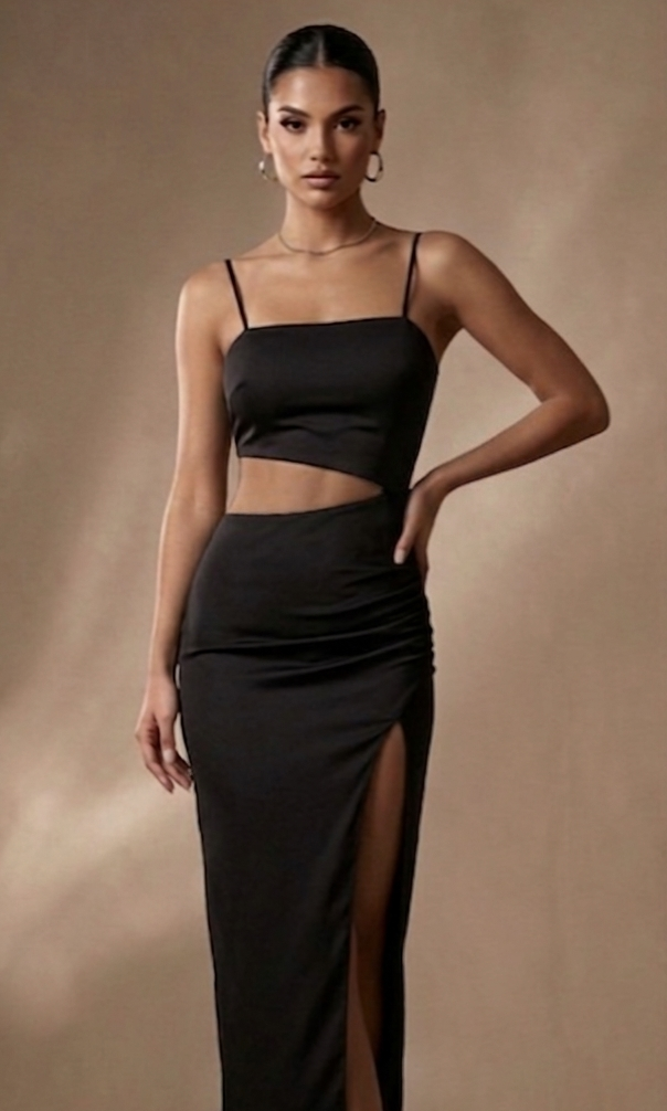 Abito in Maglina a Costine Elasticizzata con Dettagli Cut-Out e Spacco