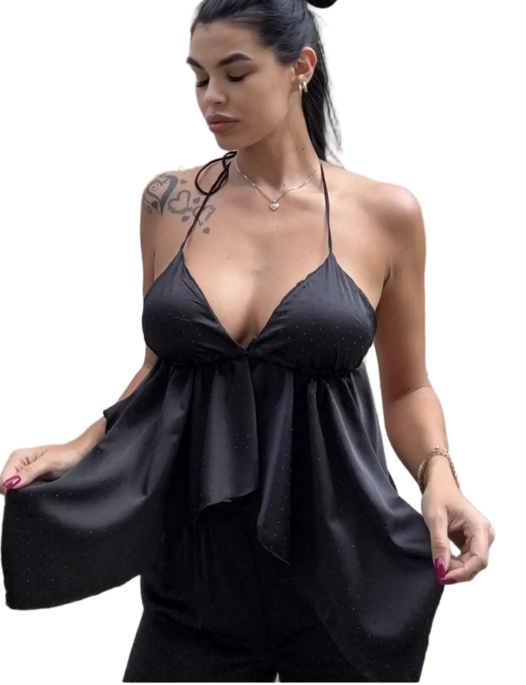 Completo Two-Piece "Midnight Shimmer" – Top Peplum e Pantalone Wide Leg