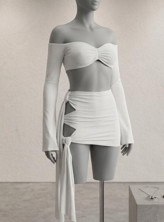 Completo "Ibiza " White: Top Bardot & Mini Skirt Drapery