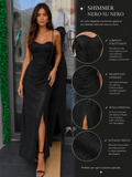 Abito Lungo Lurex con Corpino a Corsetto e Spacco Centrale