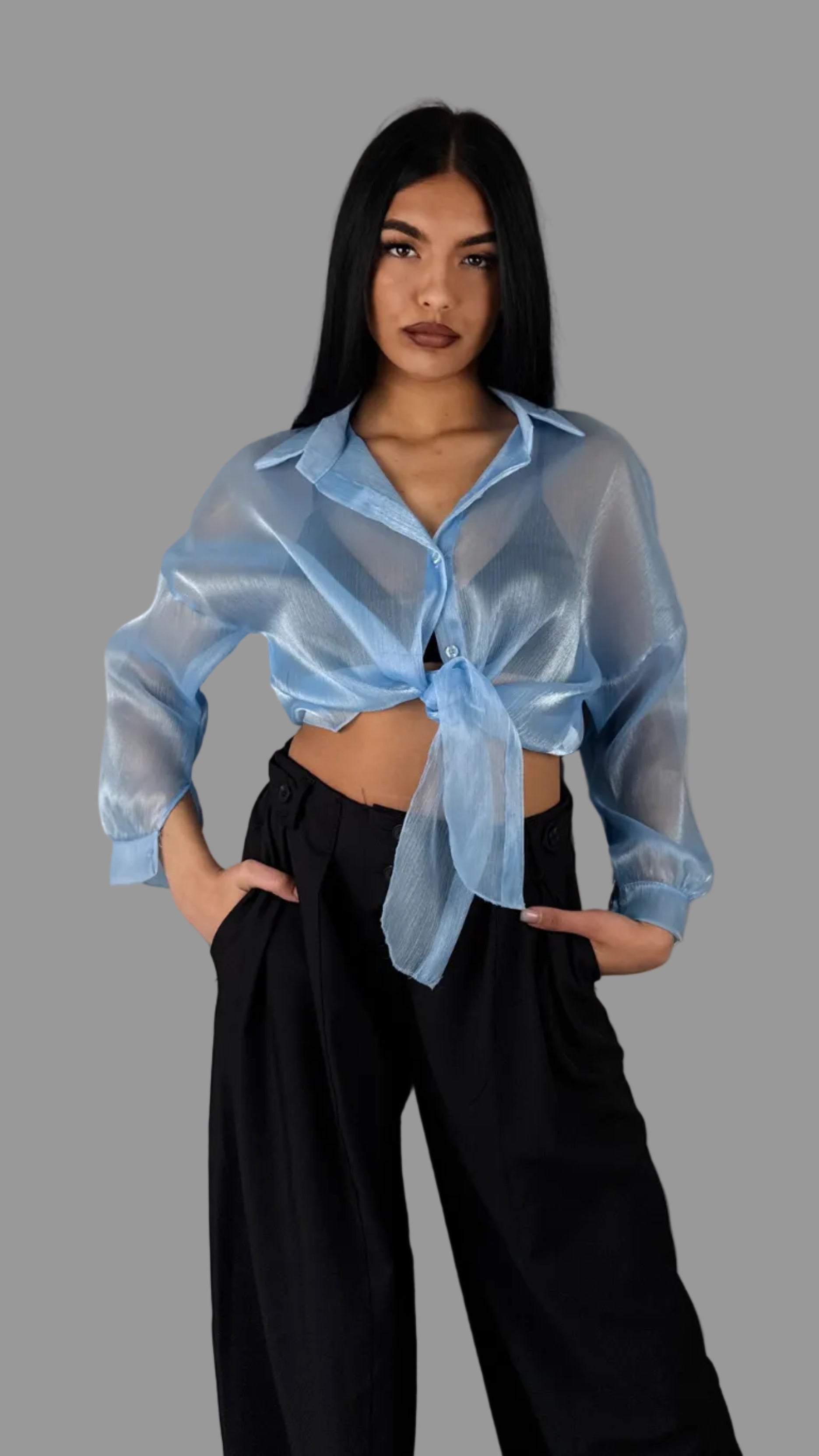 Camicia "Aura" in Organza Shimmer – Celeste Pastello