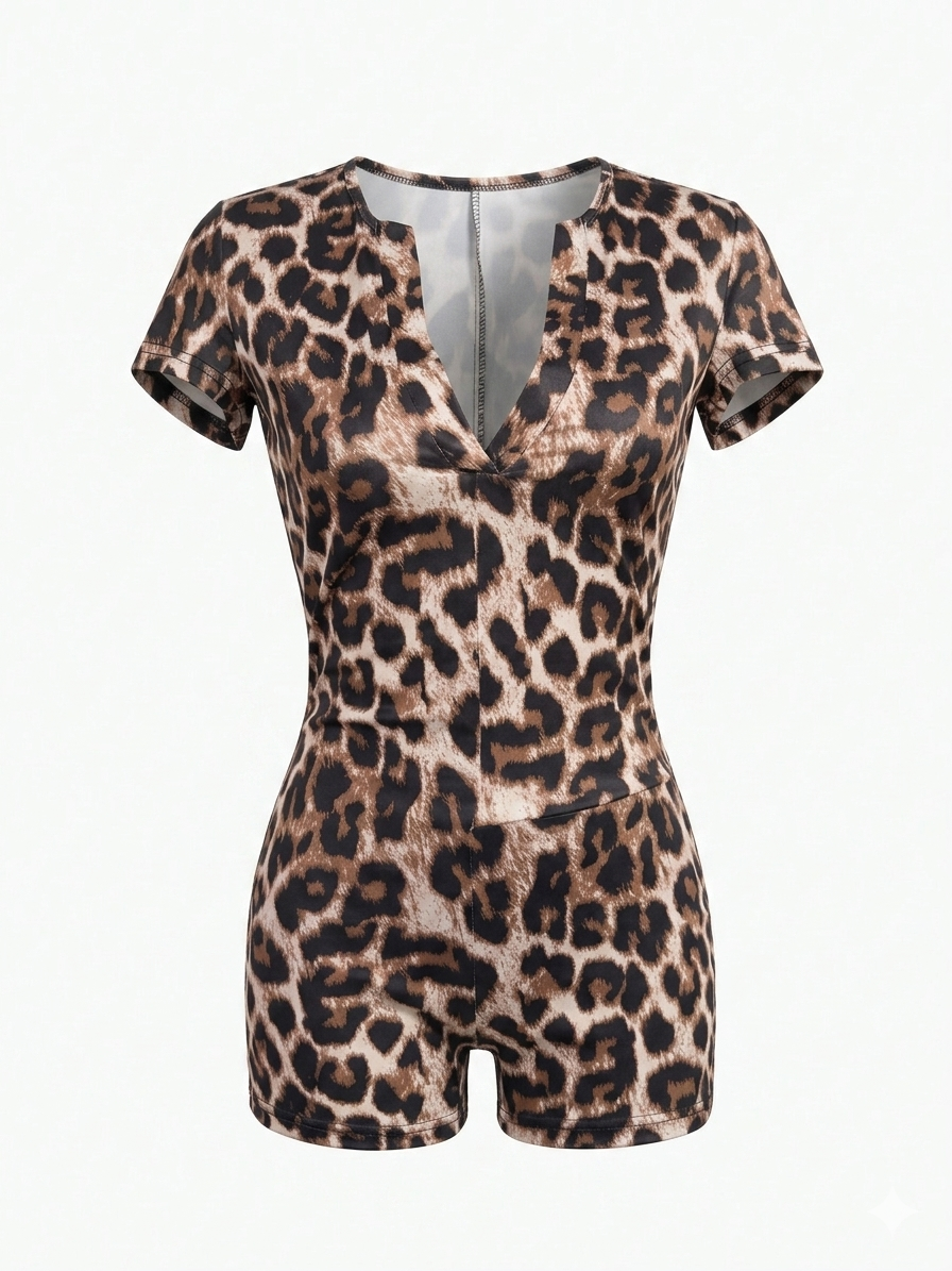 Tutina corta con stampa leopardata e scollo a V: Audacia e stile in un unico capo