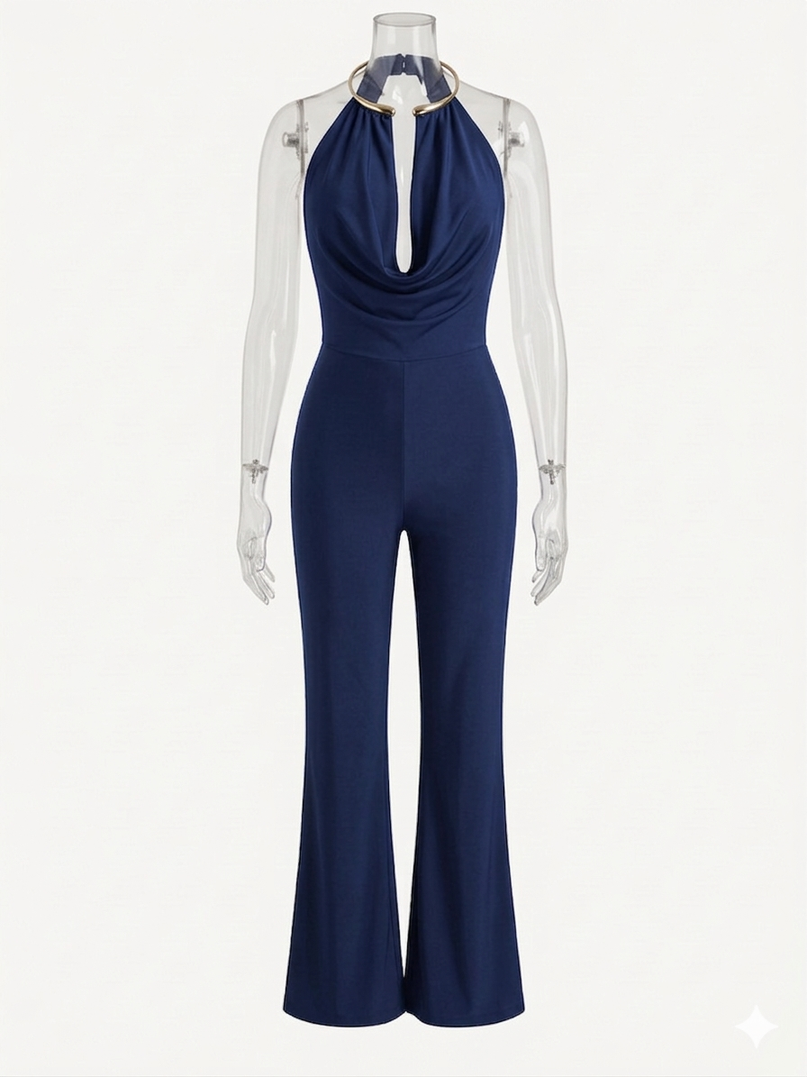 Jumpsuit Elegante Navy – Scollo a Cappuccio con Dettaglio Gold
