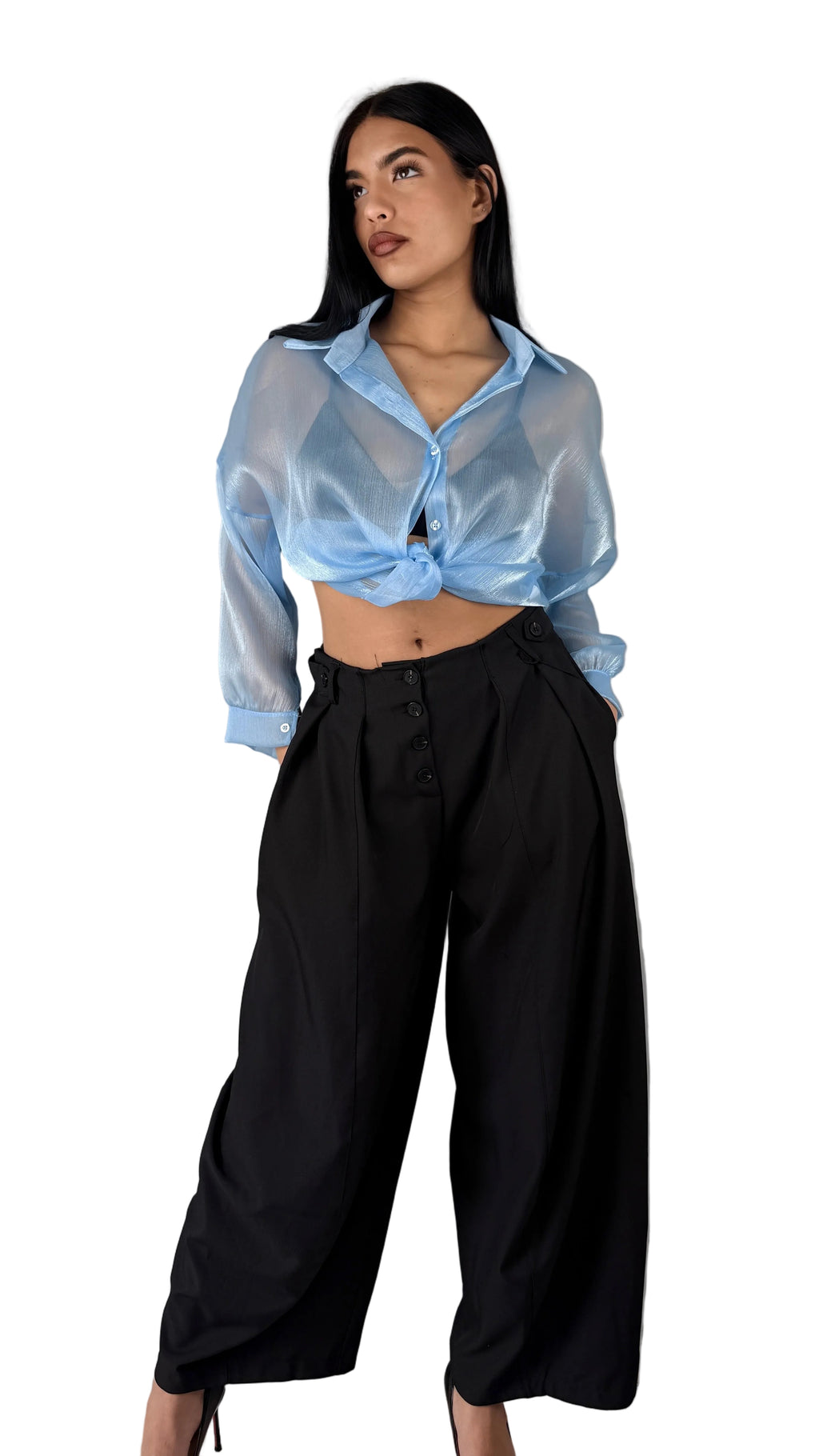 Camicia "Aura" in Organza Shimmer – Celeste Pastello